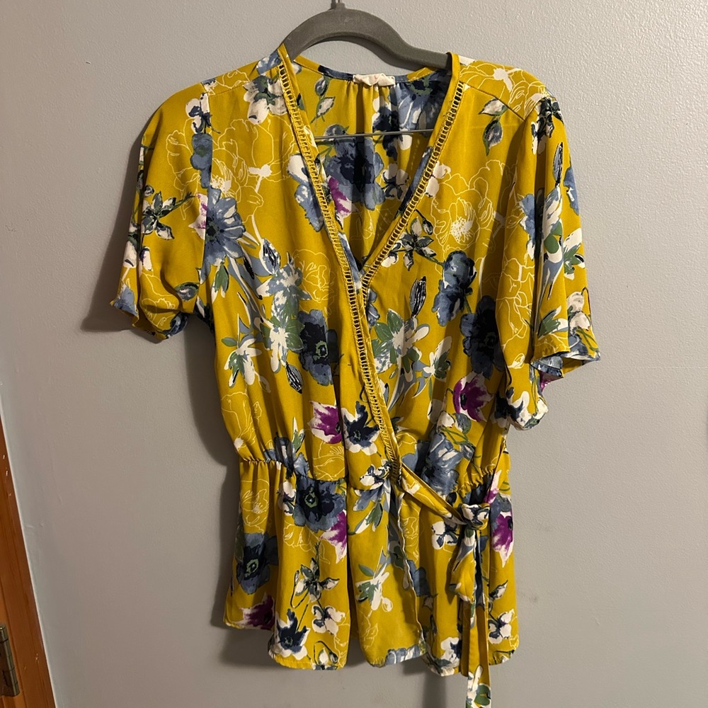 Yellow floral tie waist blouse